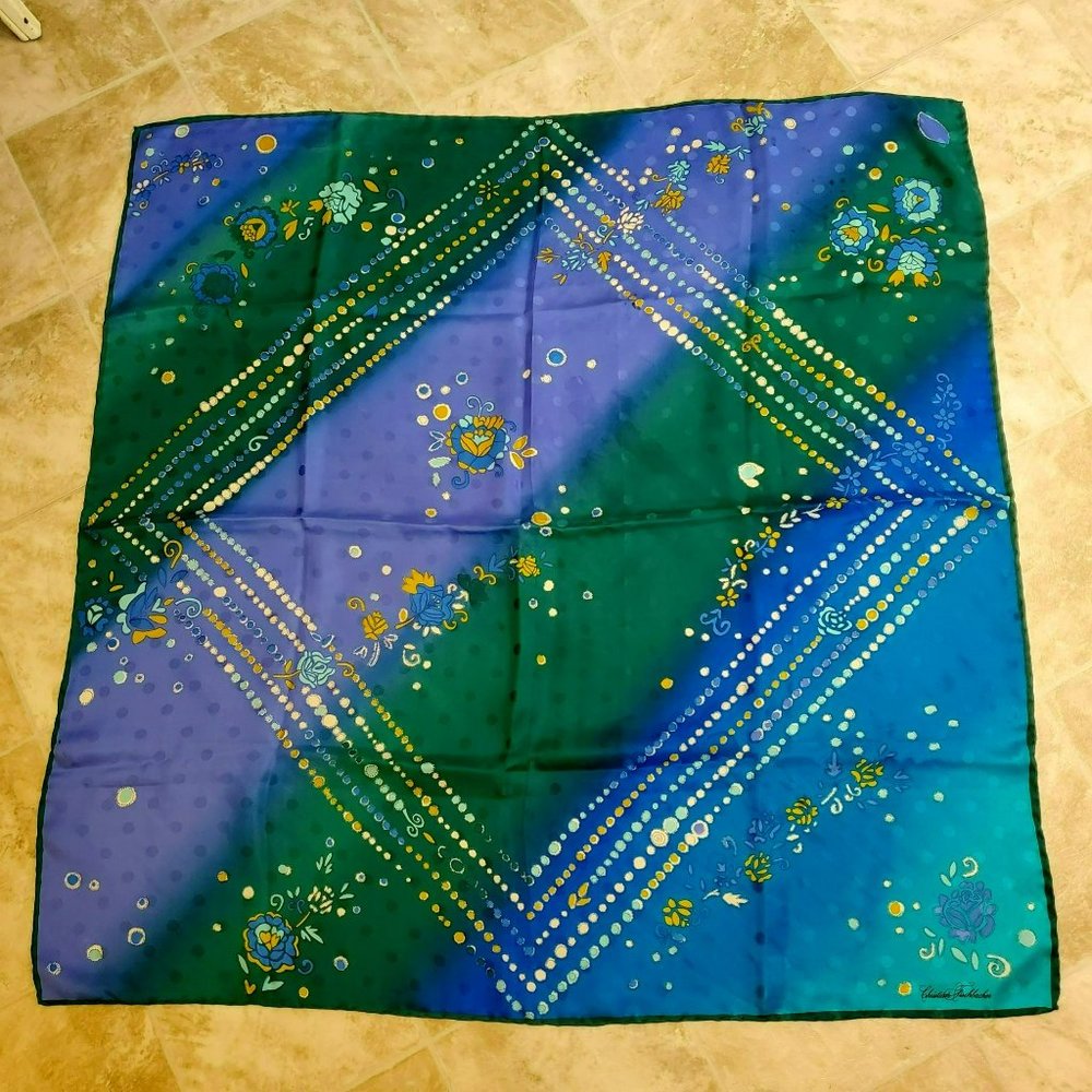 Christian Fischbacher Silk Scarf, Colorful Floral Elegant Switzerland Green Blue
